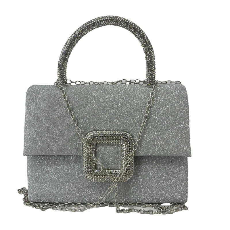 Abiye Kare Aksesuarlı Simli Silver Kadın El Çantası